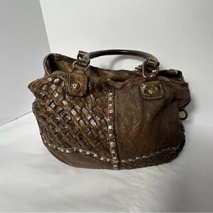 Langellotti Handbag Womens Brown Soft Leather Woven Double Handles Hobo READ